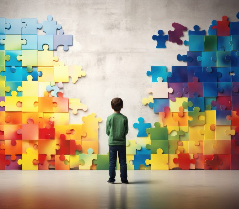 Boy standing in front of rainbow colored puzzle wall. Autism spectrum disorder. World autism awareness day concept